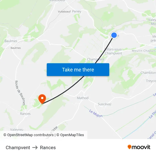 Champvent to Rances map