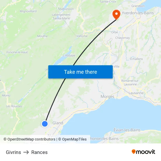 Givrins to Rances map