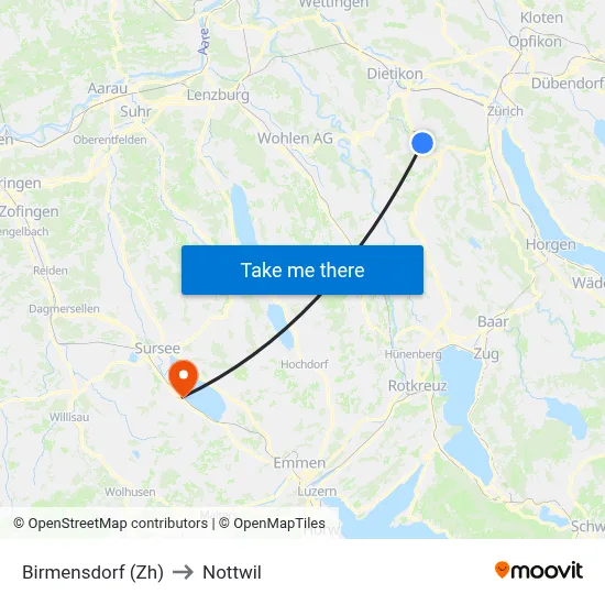 Birmensdorf (Zh) to Nottwil map