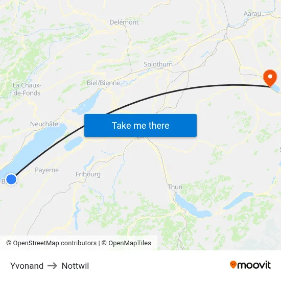 Yvonand to Nottwil map