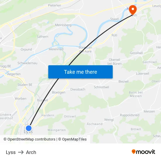 Lyss to Arch map