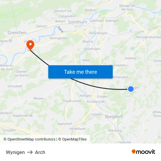 Wynigen to Arch map