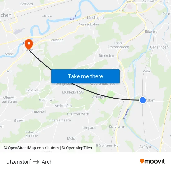 Utzenstorf to Arch map