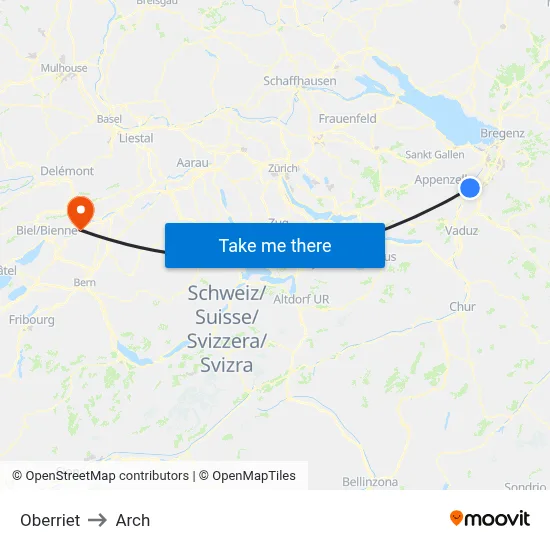 Oberriet to Arch map
