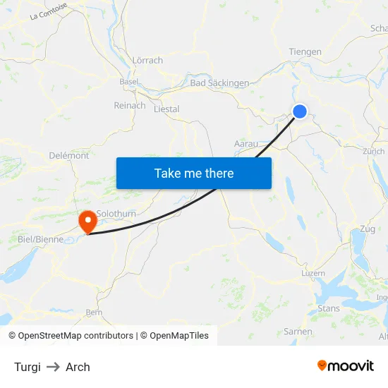 Turgi to Arch map