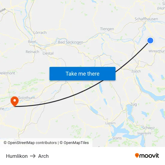 Humlikon to Arch map