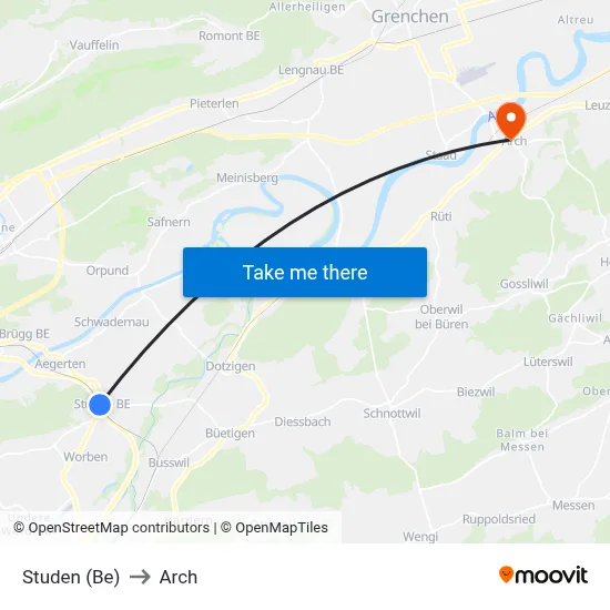 Studen (Be) to Arch map