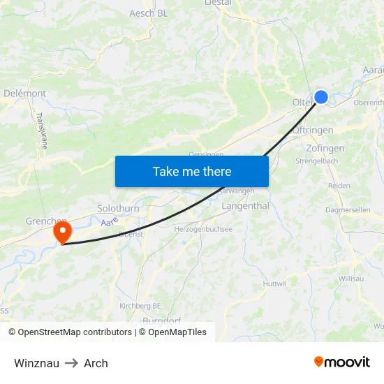 Winznau to Arch map