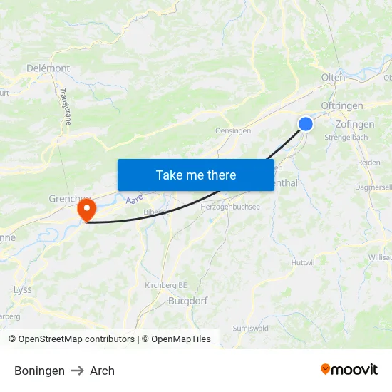 Boningen to Arch map