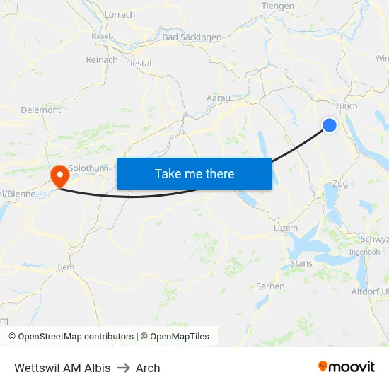 Wettswil AM Albis to Arch map
