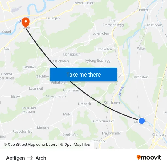 Aefligen to Arch map