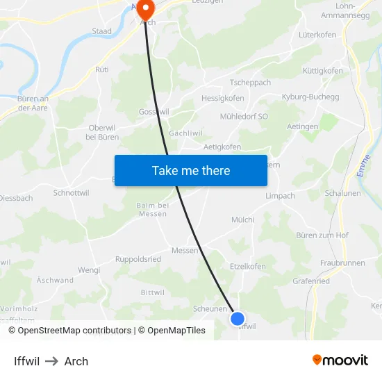 Iffwil to Arch map