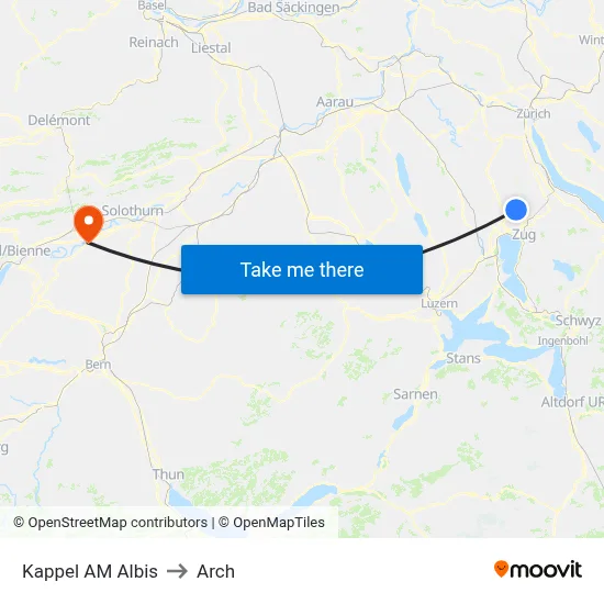 Kappel AM Albis to Arch map