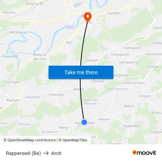 Rapperswil (Be) to Arch map