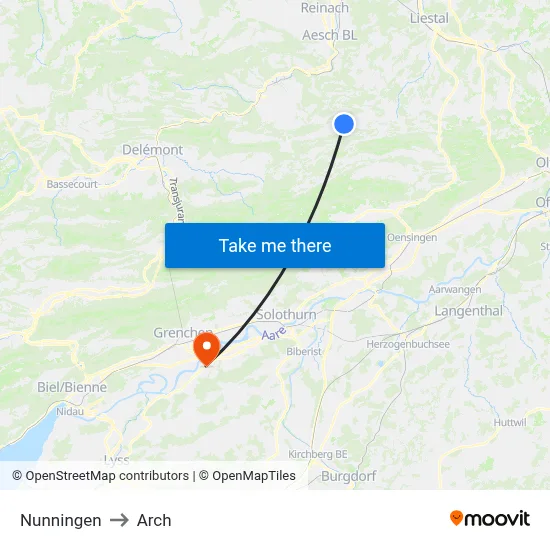 Nunningen to Arch map
