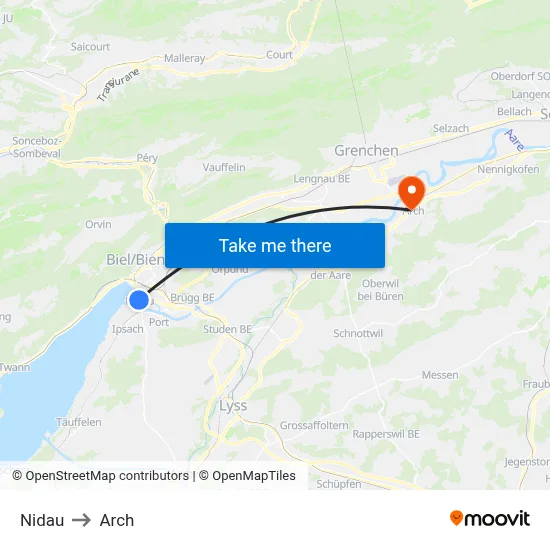 Nidau to Arch map