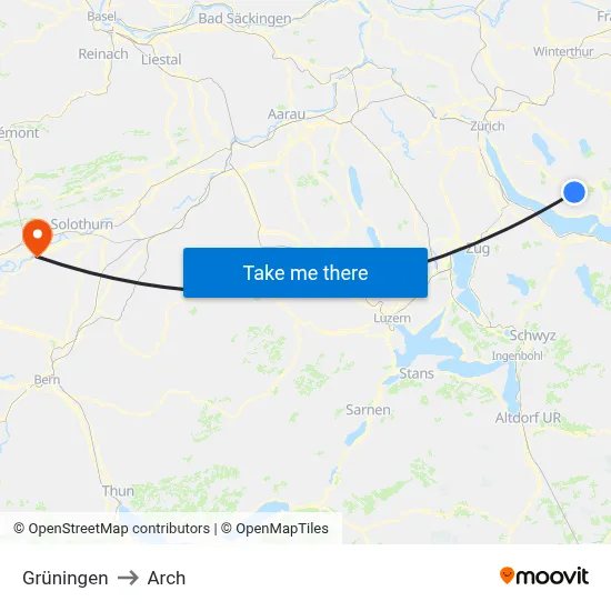 Grüningen to Arch map