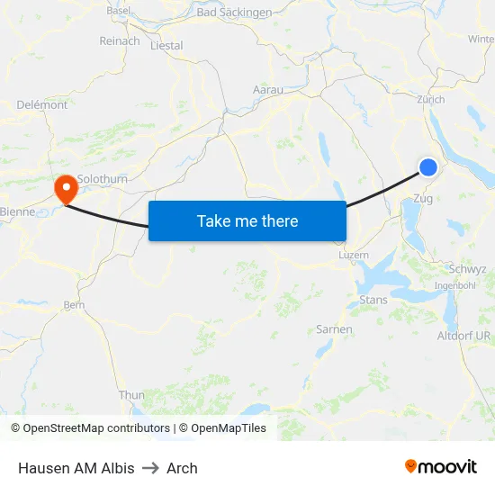 Hausen AM Albis to Arch map