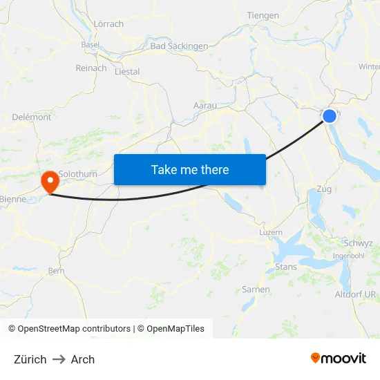 Zürich to Arch map