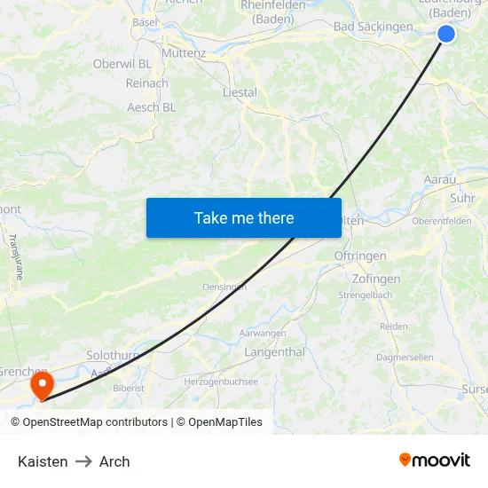 Kaisten to Arch map