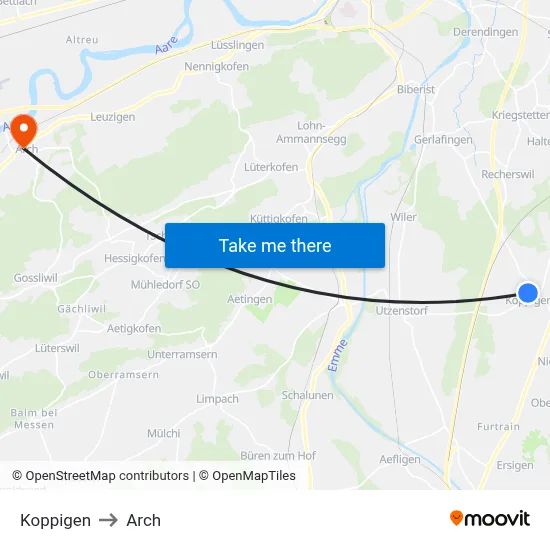 Koppigen to Arch map