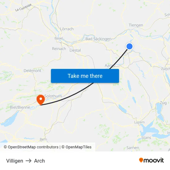 Villigen to Arch map
