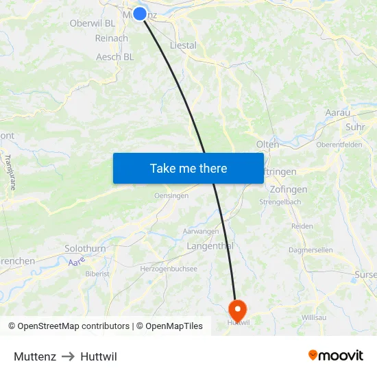 Muttenz to Huttwil map