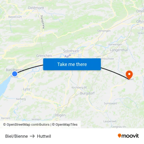 Biel/Bienne to Huttwil map