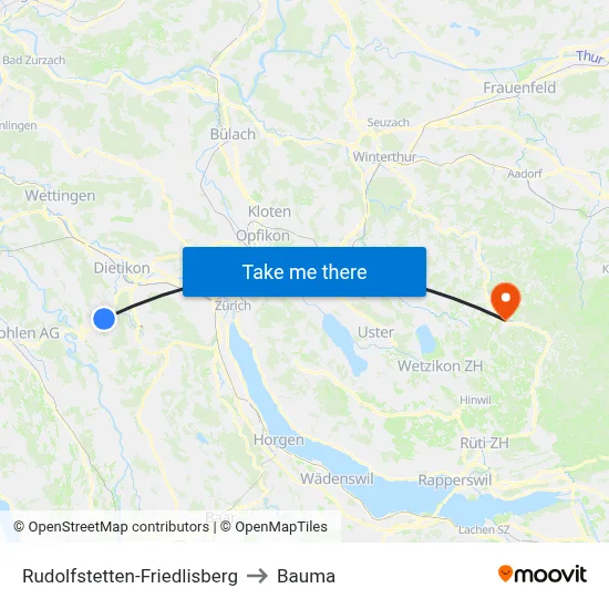 Rudolfstetten-Friedlisberg to Bauma map