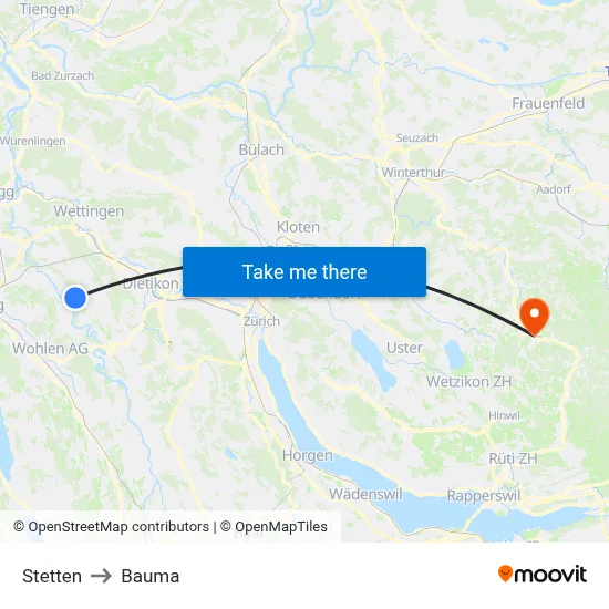 Stetten to Bauma map