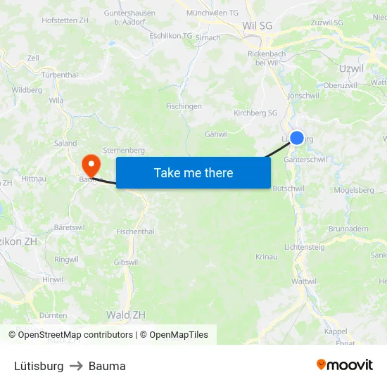 Lütisburg to Bauma map
