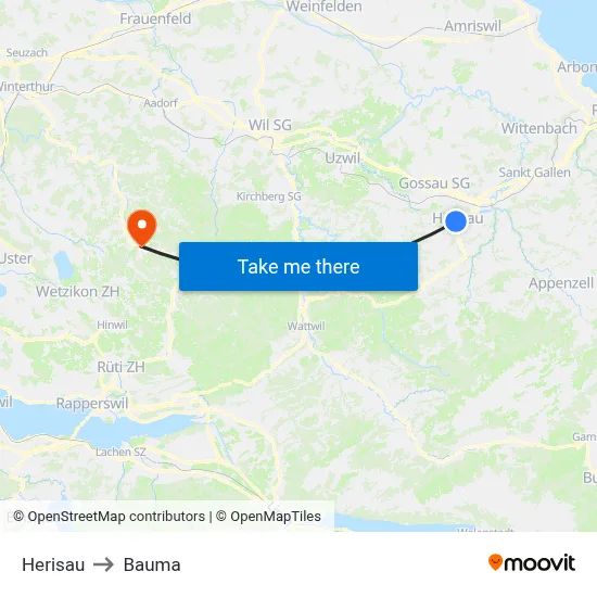 Herisau to Bauma map