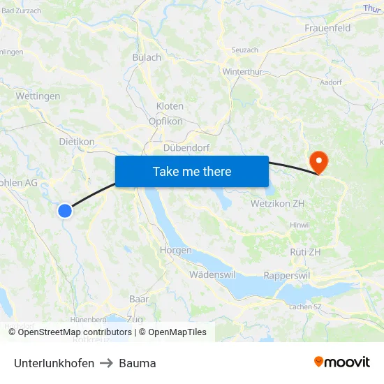 Unterlunkhofen to Bauma map
