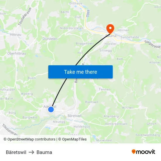 Bäretswil to Bauma map