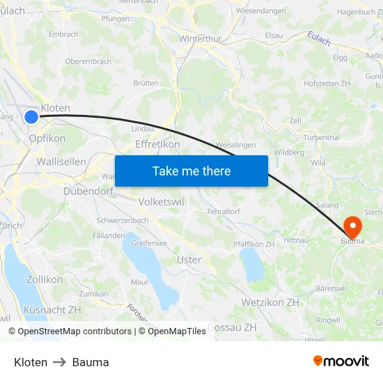Kloten to Bauma map