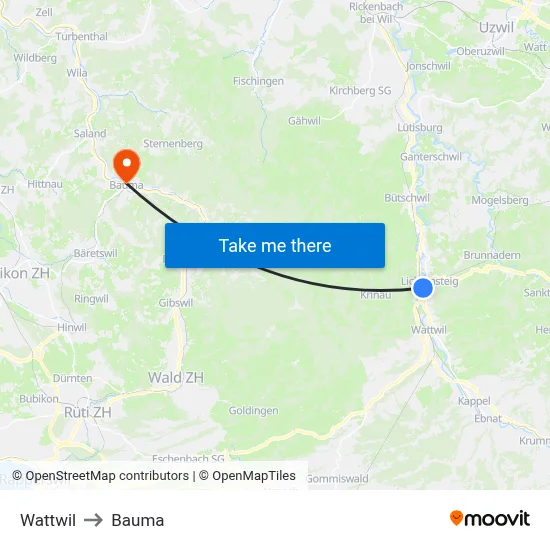 Wattwil to Bauma map