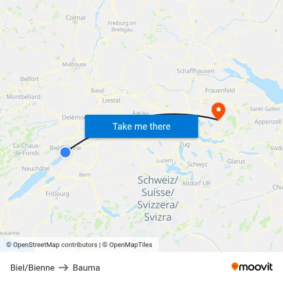 Biel/Bienne to Bauma map