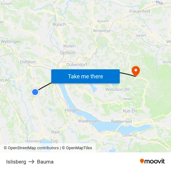 Islisberg to Bauma map