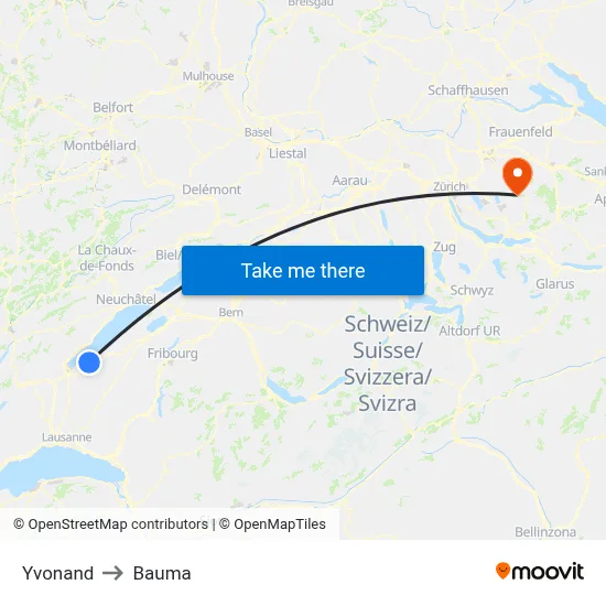 Yvonand to Bauma map