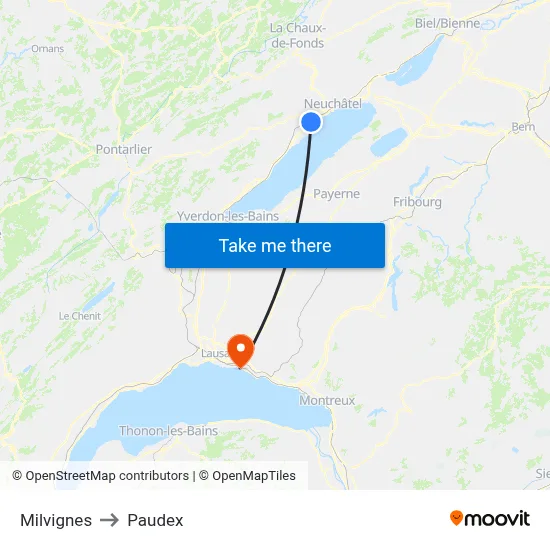 Milvignes to Paudex map