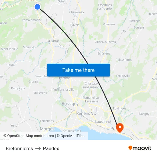 Bretonnières to Paudex map