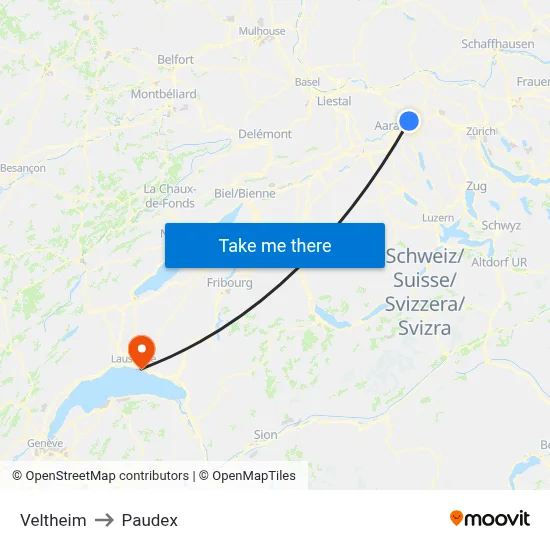 Veltheim to Paudex map