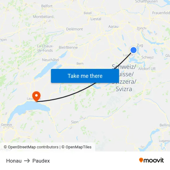 Honau to Paudex map