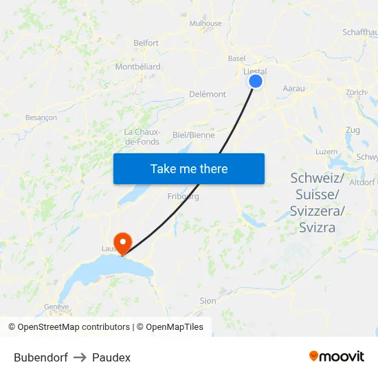 Bubendorf to Paudex map
