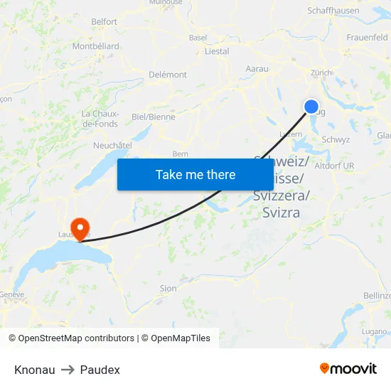 Knonau to Paudex map
