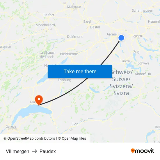 Villmergen to Paudex map