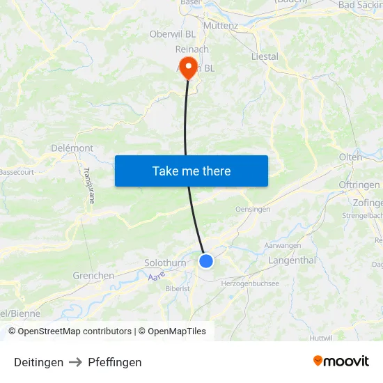 Deitingen to Pfeffingen map