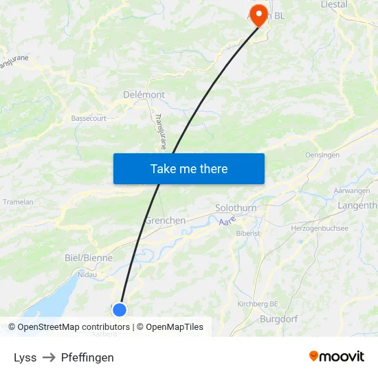 Lyss to Pfeffingen map