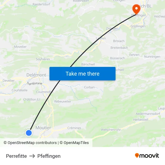 Perrefitte to Pfeffingen map