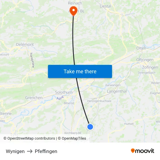 Wynigen to Pfeffingen map